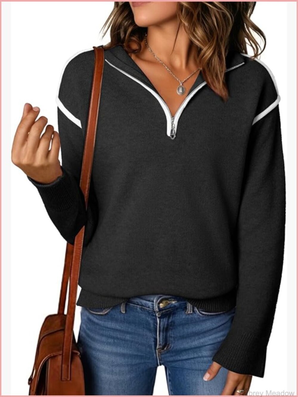 V Neck Long Sleeve Quarter Zip Collared Ribbed Knit Pullover Sweater